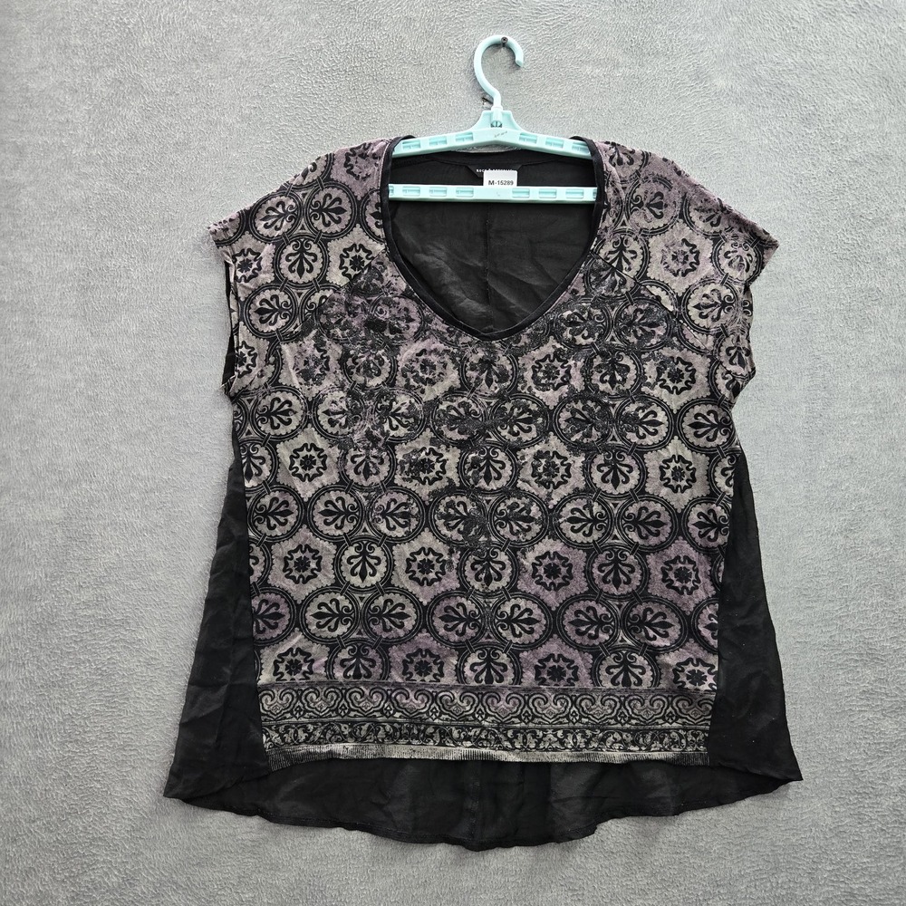 Rock & Republic Women Blouse XL Black Geometric Glitter Scoop Neck Pullover